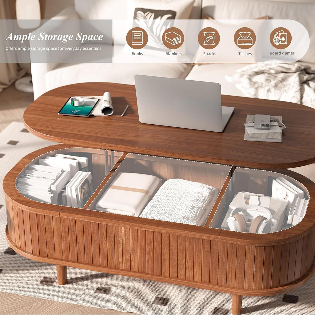 Easyego Oval Lift Top Coffee Table with Storage, 40" Fluted Modern Hidden Compartment Center Table for Living Room, Small Space Apartment, Home Office Desk, Walnut
