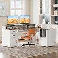 Farmhouse 69" Executive L Shaped Desk with Drawer, Home Office Desk with Charging Station, Corner Computer Desk with Monitor Stand, File Drawer, Storage Cabinet, White and Walnut