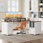 Farmhouse 69" Executive L Shaped Desk with Drawer, Home Office Desk with Charging Station, Corner Computer Desk with Monitor Stand, File Drawer, Storage Cabinet, White and Walnut