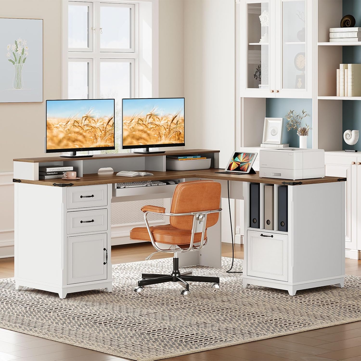 Farmhouse 69" Executive L Shaped Desk with Drawer, Home Office Desk with Charging Station, Corner Computer Desk with Monitor Stand, File Drawer, Storage Cabinet, White and Walnut