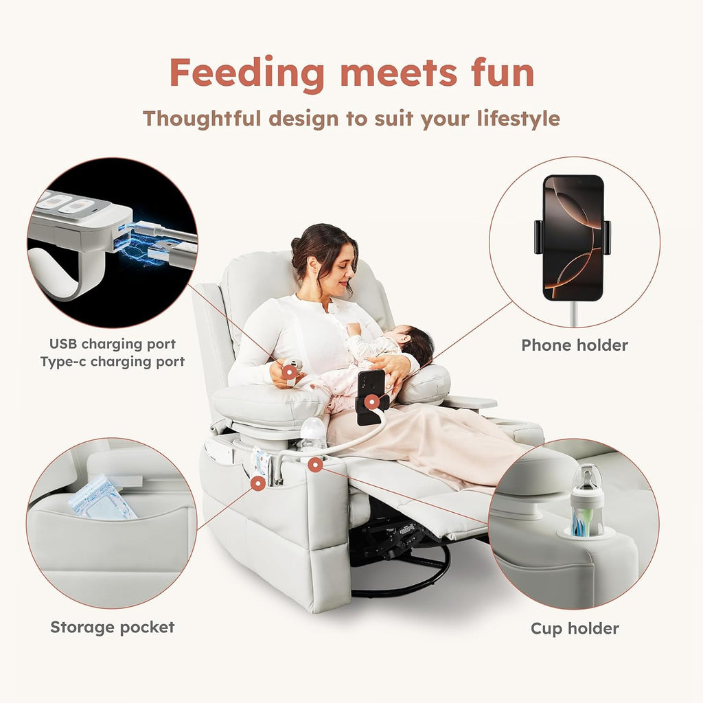 MAMAZING Lullapod Pro Oversized Rocking Chair Nursery with Adjustable Armrests, Electric Glider Nursing Chair for Breastfeeding, Power Swivel Recliner Chairs, Oeko-TEX & FSC Certified (Off White)