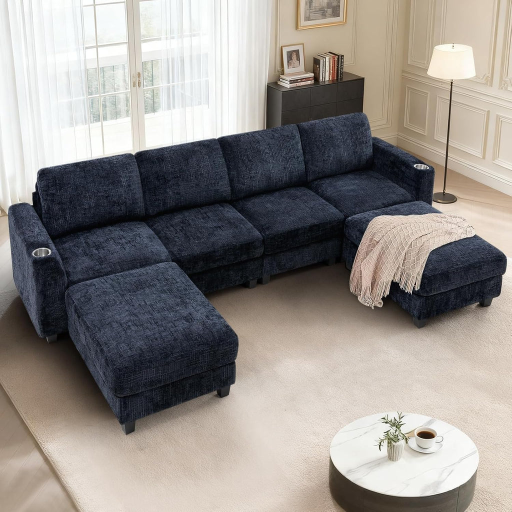 110" Chenille U-Shape Sofa with Flexible Ottomans, Comfy Sectional Sofa with 2 Built-in Cup Holders, Convertible 4 Seats Couch with Well-Filled Back Cushions for Living Room, House, Blue