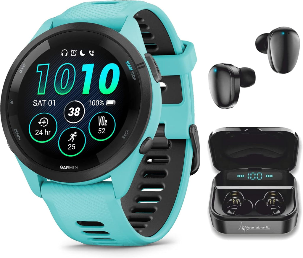 Wearable4U Garmin Forerunner 265 Music GPS Running 46 mm Smartwatch  Aqua with AMOLED 1.3 in Touchscreen Display Black Earbuds Bundle