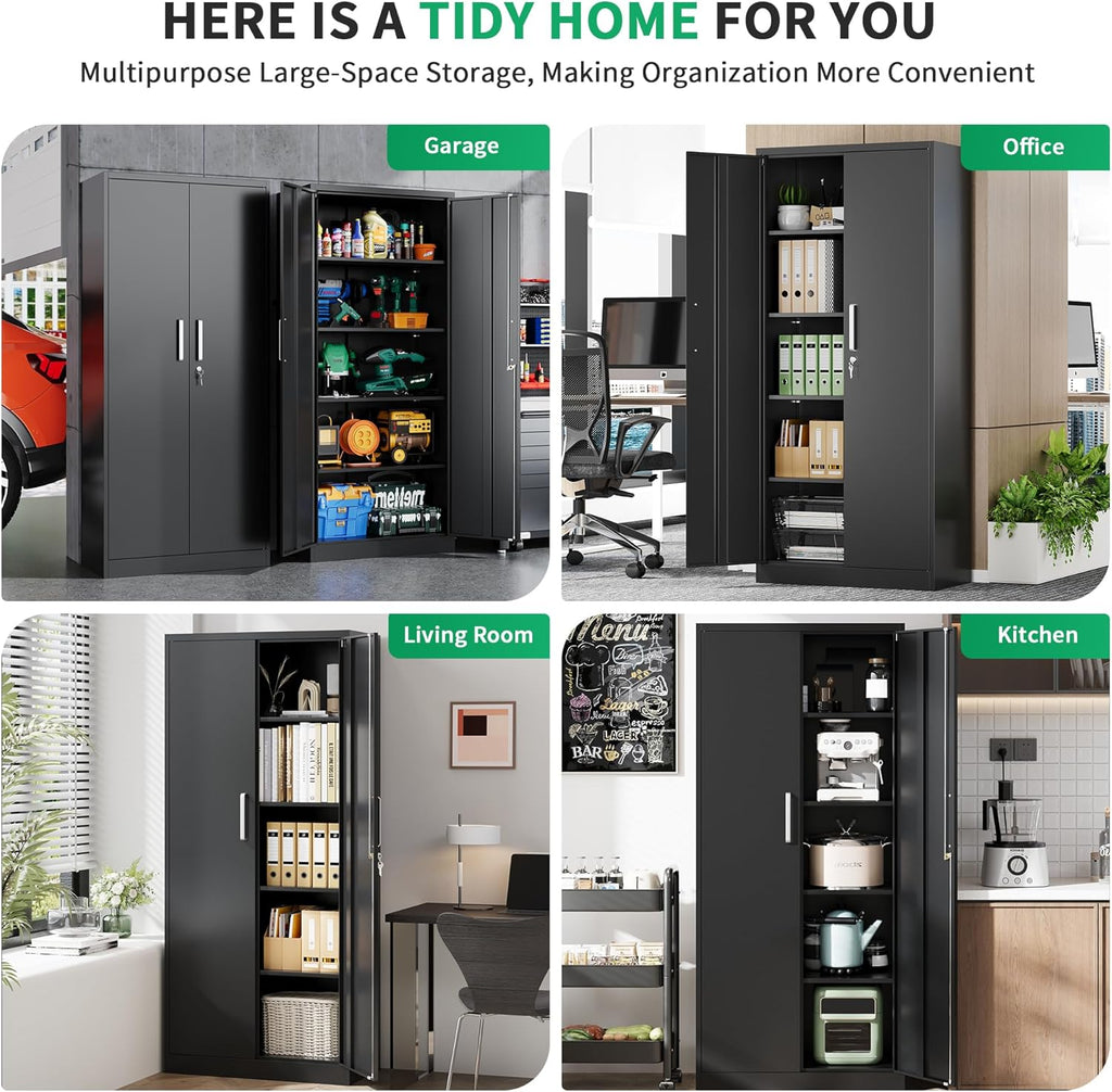 Metal Garage Storage Cabinet with Doors and Adjustable Shelves, 71" Tall Locker Organizer Steel Garage Cabinets, Lockable File Cabinet for Home, Office, Warehouse, Tools