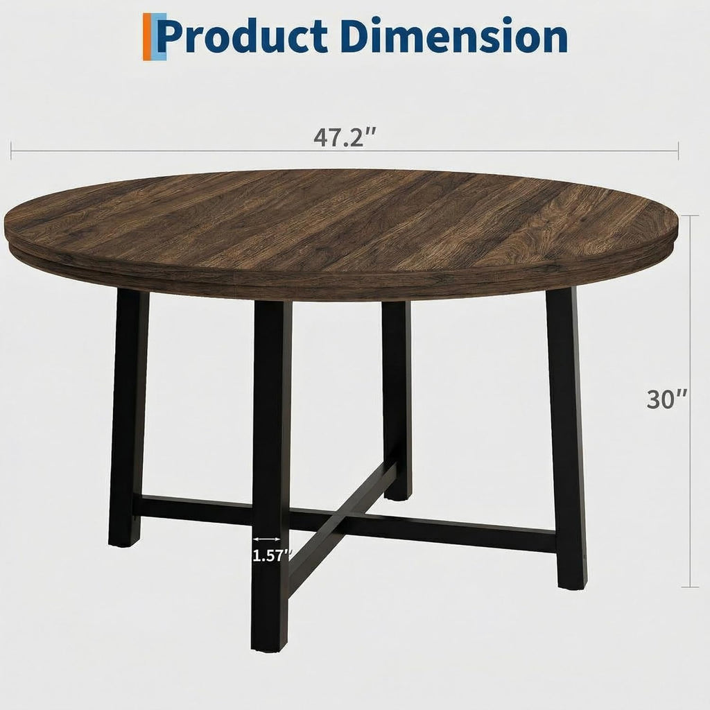 IDEALHOUSE 47" Round Dining Table for 4, Kitchen Dining Room Table with Sturdy Metal Frame, Wood Circle Kitchen Table for Space Saving -Brown (No Chairs)