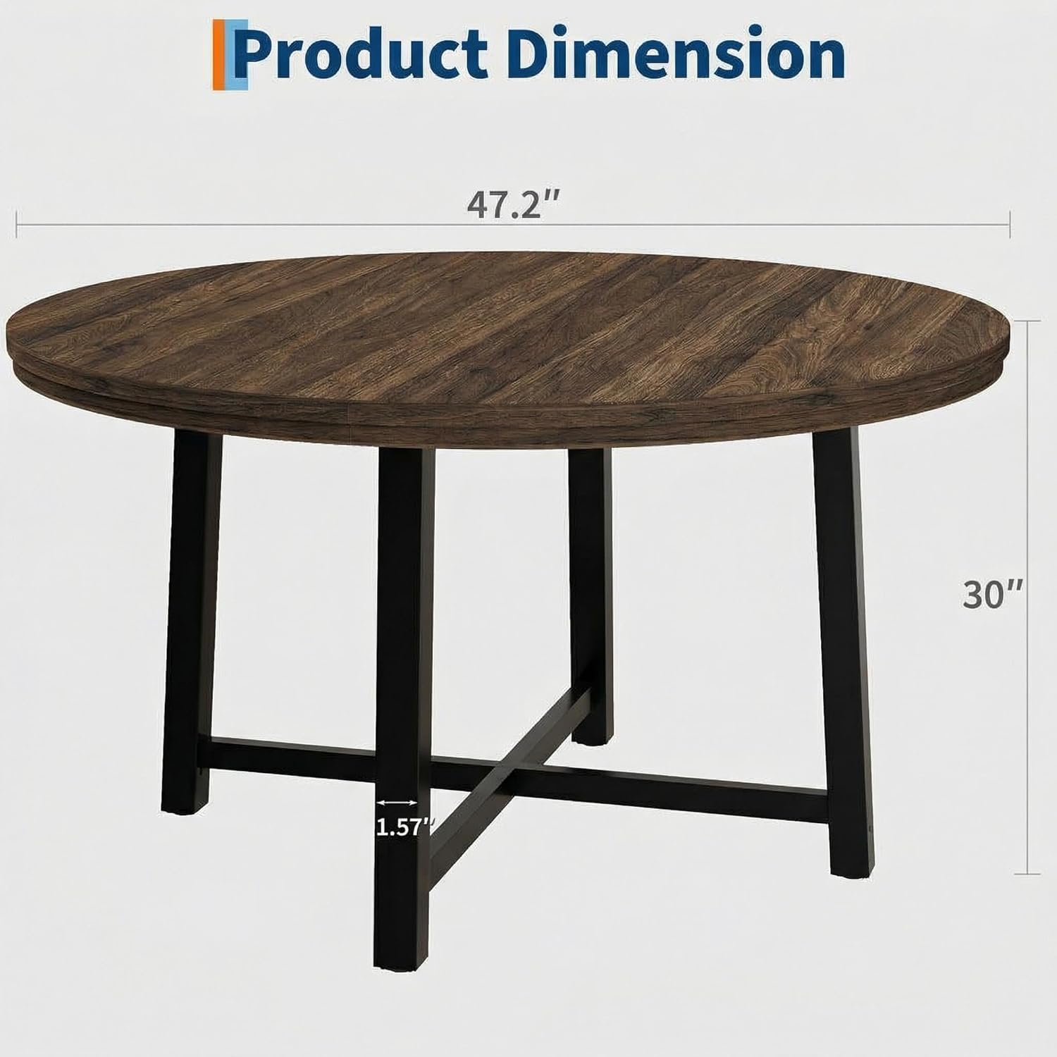 IDEALHOUSE 47" Round Dining Table for 4, Kitchen Dining Room Table with Sturdy Metal Frame, Wood Circle Kitchen Table for Space Saving -Brown (No Chairs)