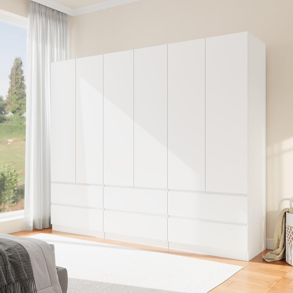Armoire Wardrobe Closet with 6 Doors, Wooden Wardrobe Cabinet with 6 Drawers, Hanging Rod & Shelves, Freestanding Closets for Bedroom (White, 3)