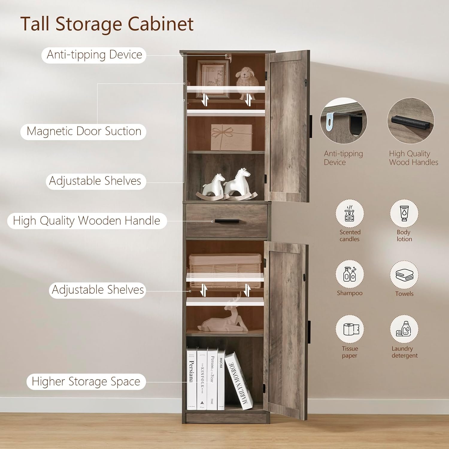 usikey 67'' Tall Storage Cabinet, Narrow Bathroom Floor Storage Cabinet with 4 Shelves & 2 Doors, for Bathroom, Living Room, Rustic Gray UNSNG040M