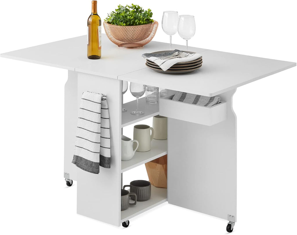 Best Choice Products Folding Dining Table, Multipurpose Space Saving Collapsible Drop Leaf Extension Desk w/Wheels, 3 Storage Shelves - White
