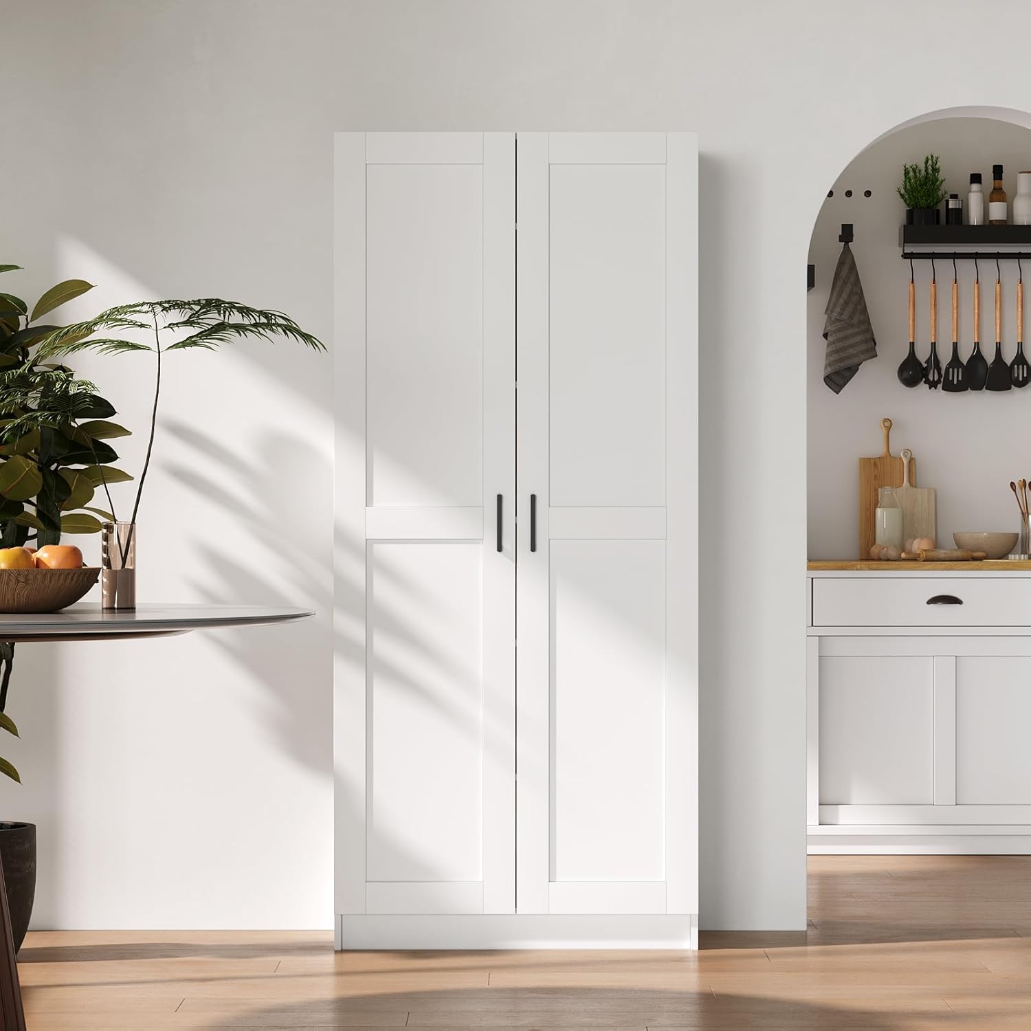 White Tall Kitchen Pantry Cabinet Organizers and Storage with Doors and Adjustable Shelves .Wood Large Gabinetes Para Cocina Office Bookshelf for Laundry Room Cabinets (31.5”W*15.7”D*71”H)