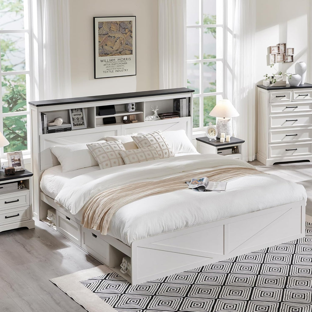 ACCOHOHO King Bed Frame Farmhouse with 52" Storage Bookcase Headboard, 4 Drawers Wooden Bed Frame, LED Light, Charging Station - White