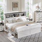 ACCOHOHO King Bed Frame Farmhouse with 52" Storage Bookcase Headboard, 4 Drawers Wooden Bed Frame, LED Light, Charging Station - White