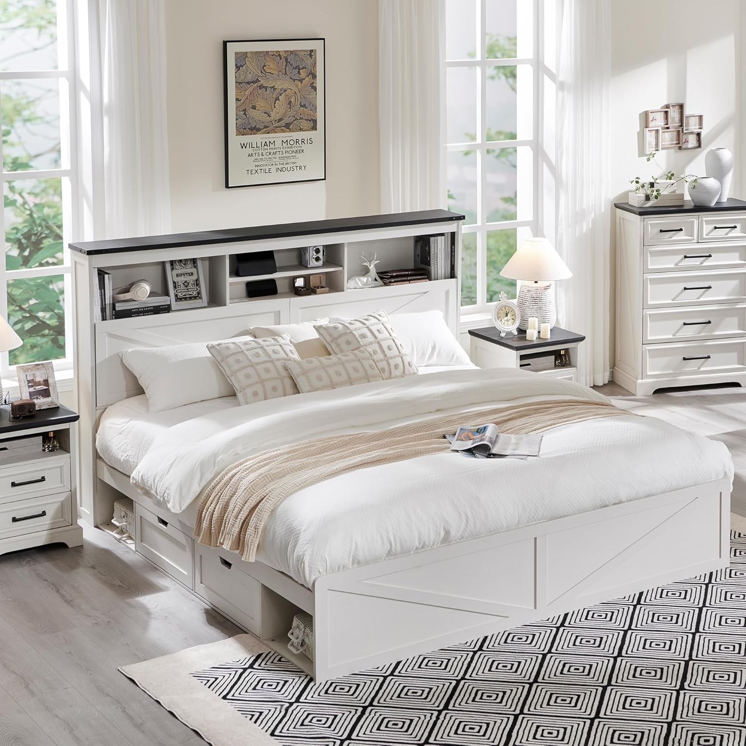 ACCOHOHO King Bed Frame Farmhouse with 52" Storage Bookcase Headboard, 4 Drawers Wooden Bed Frame, LED Light, Charging Station - White