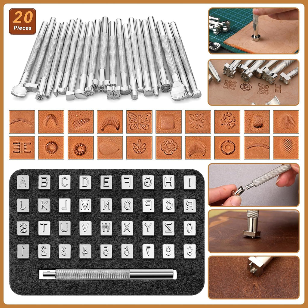 424 Pcs Leather Working Tools Leather Tools Leathers Tooling Kit Leathers Hole Punch Tool with Instructions, Sewing Kit, Wooden Storage Box, Stamping Set