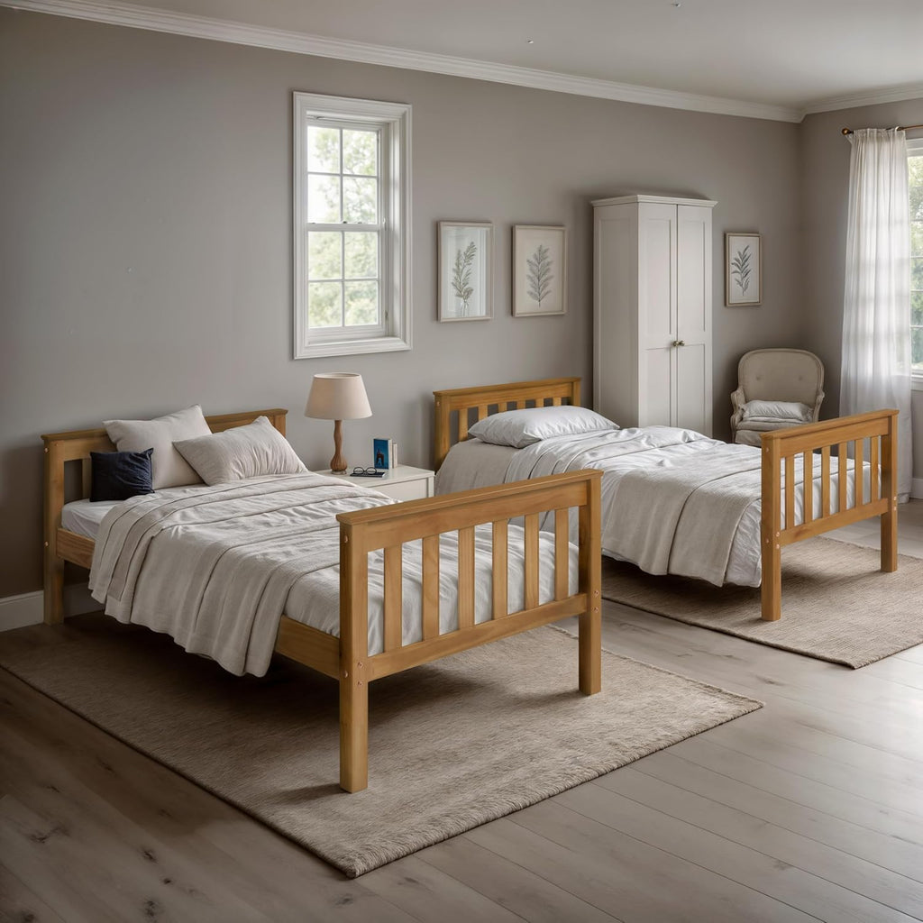 Solid Wood Twin Over Twin Bunk Bed with Ladder and Safety Rails – Durable Pine Wood Kids Bed Frame, Available in White, Grey, and Honey Finishes