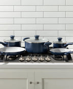 T-Fal Ceramic Nonstick Cookware Set, Oven Safe Up to 350ºF, 12-Piece, Includes Stockpot, Frying Pans, Utensils, Ceramic Pots and Pans Set, Dark Blue