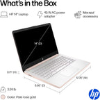 HP 14" Laptop Thin and Light for 2026 Student Business with Office Suite  Copilot AI  Intel CPU Up to 2.8GHz  16GB RAM  628GB Storage (128GB SSD+500GB Ext)  WiFi 6  Win 11 Pro  MarxsolAddon  Rosegold