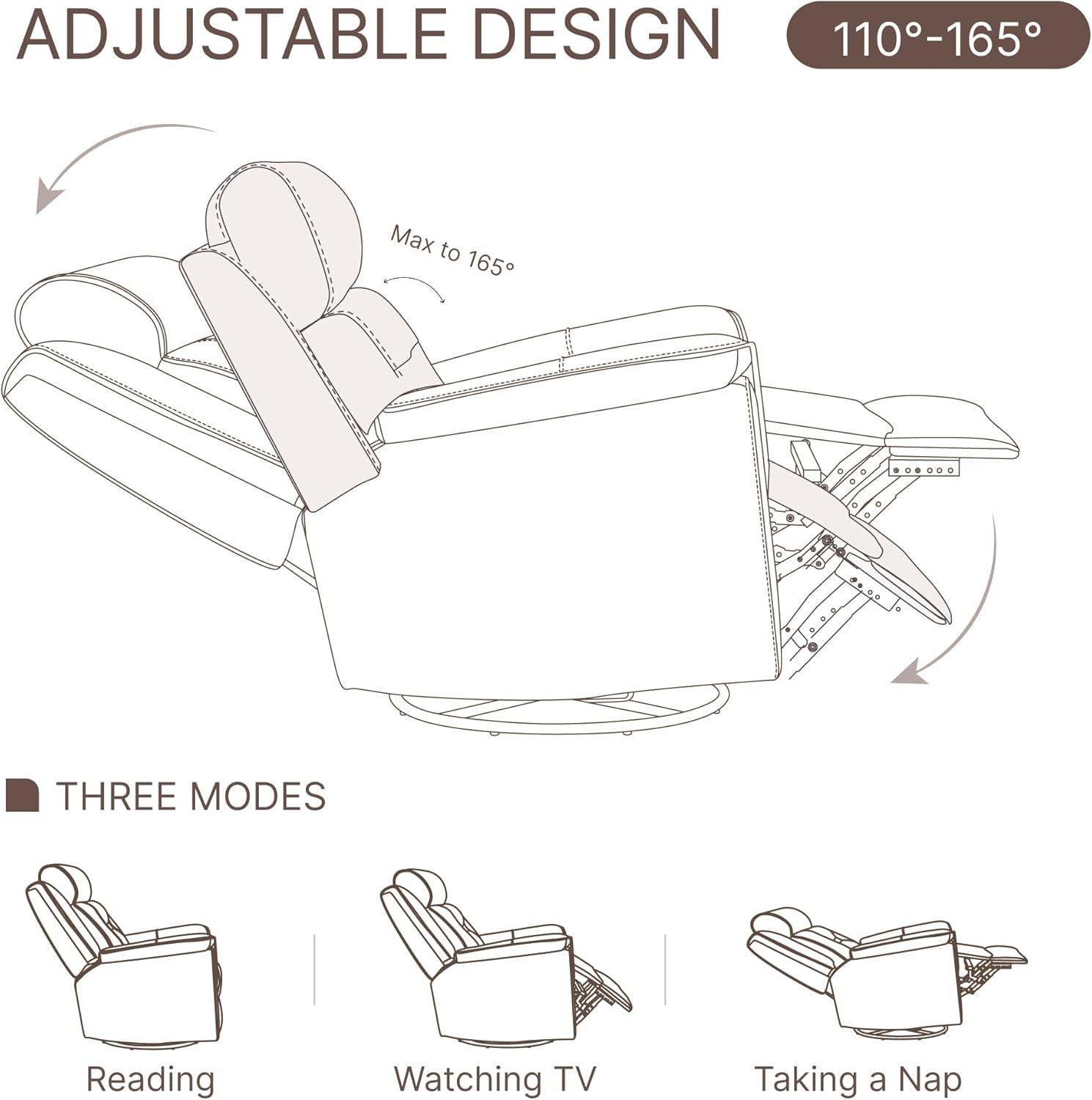 Leather Recliner Chair, 360° Swivel Rocker for Adults Manual Rocking Reclining Chair with Adjustable Backrest Footrest for Living Room Bedroom Home Theater Seating