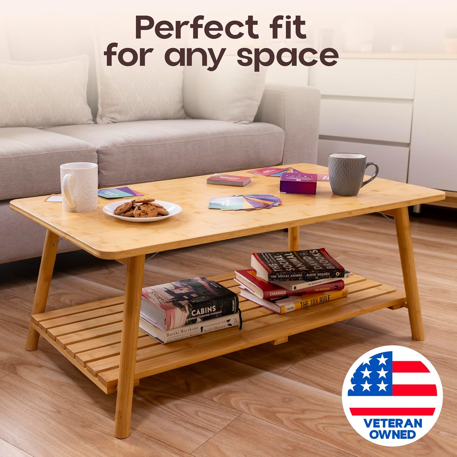 TelTopia Compact Folding Coffee Table – Foldable Collapsible Bamboo Table for Small Living Rooms, Apartments & Dorms – Portable with Removable Shelf & Bag