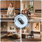 72-Inch Recessed Electric Fireplace, Wall Mounted, Remote Control, 12 Flame Colors, 750/1500W Heater, Multicolor, Log & Crystal, Black