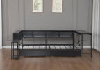 Bellemave Full Corner Bed Frame with Desk and Storage, Full Size Captains Bed with Charging Station and LED Light, Wood Daybeds with L-Shaped Bookcase and 2 Drawers, Black