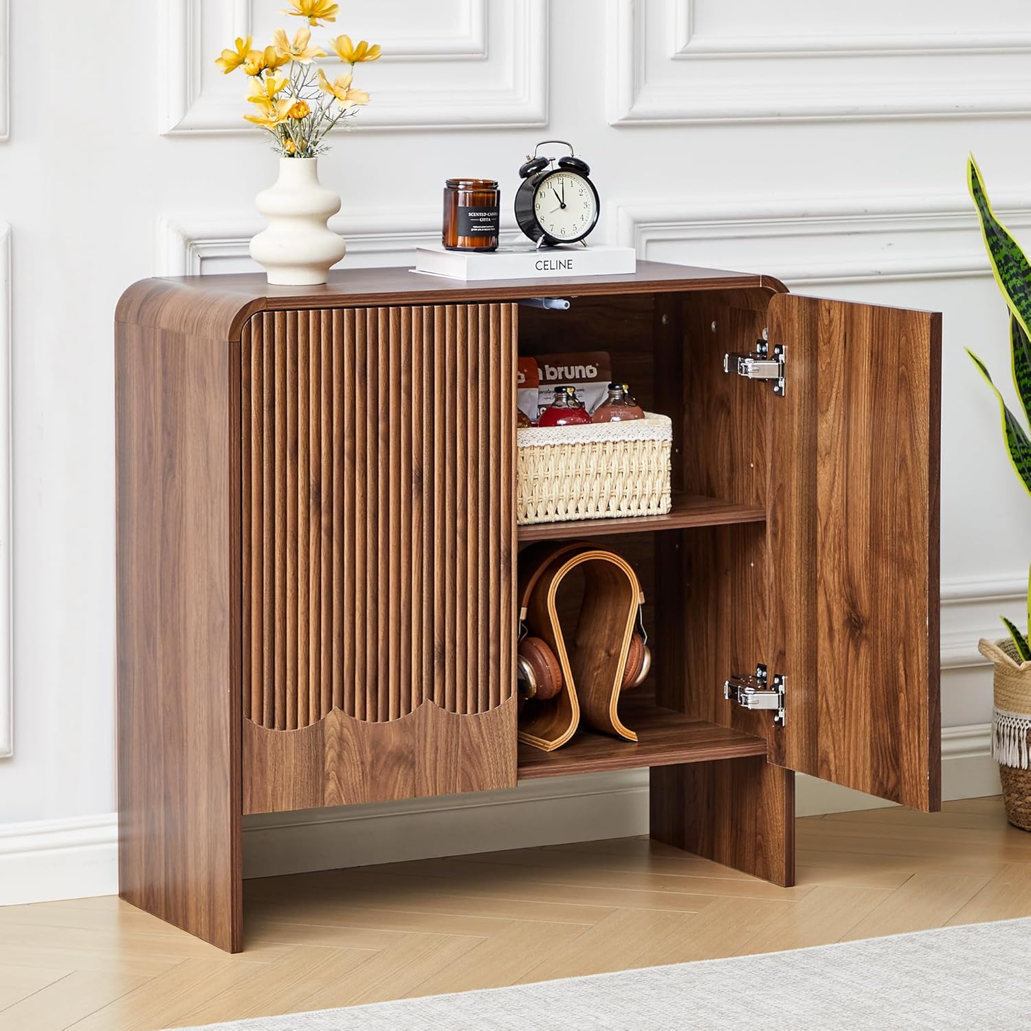 Fluted Sideboard Buffet Cabinet with Storage Set of 3, Mid Century Modern Storage Cabinet with Curved Edge and Adjustable Shelves for Kitchen Dining Room Living Room (Walnut, 3 pcs)