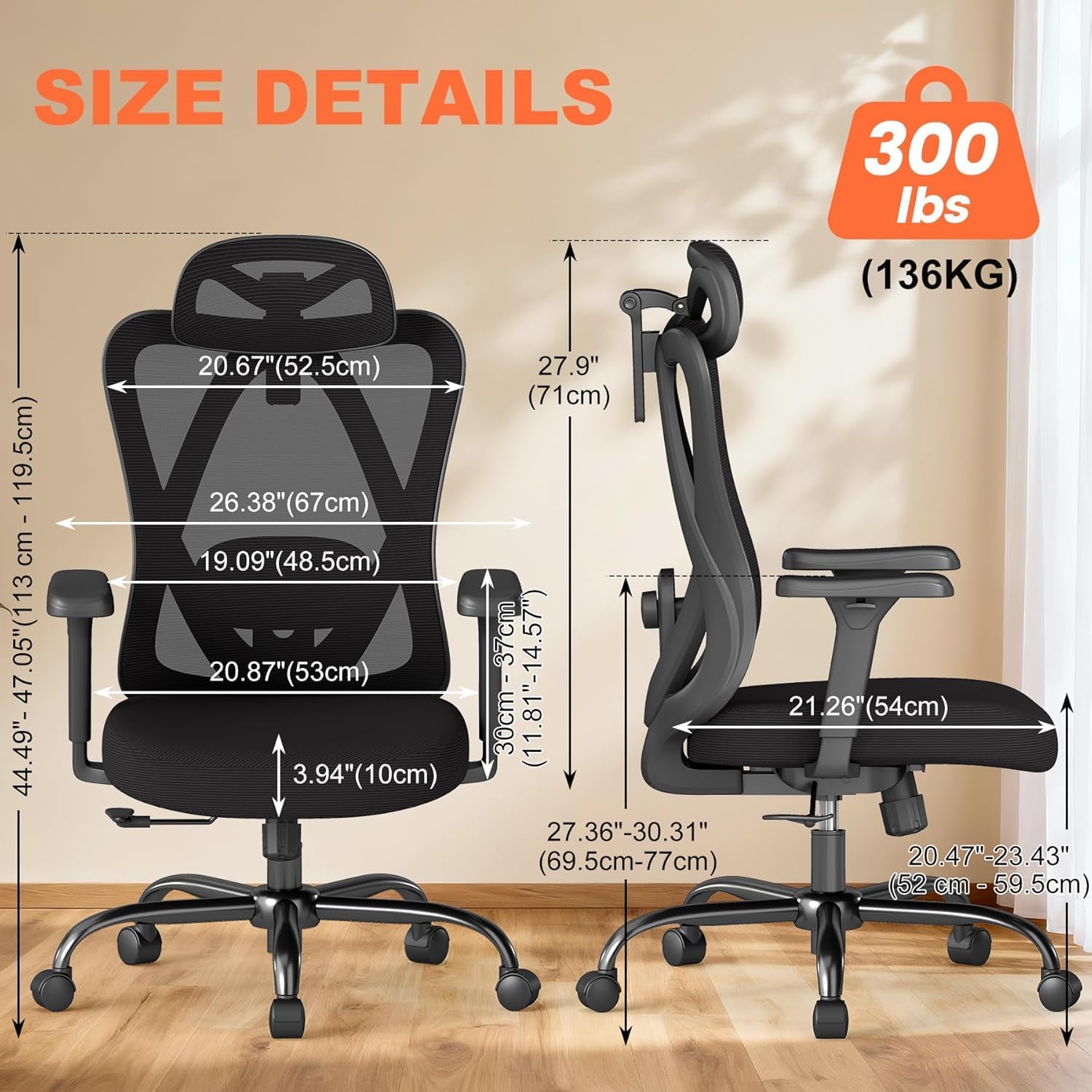 Office Chair Ergonomic Desk Chair,Adjustable Headrest Lumbar Support Computer Chair - Home Office Desk Chairs,300lbs Wide Seat Big and Tall Office Chairs with 3D Armrests, Comfy Desk Chairs (New)