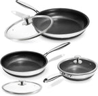 KOKHUB Nonstick Frying Pans with Lids, 8", 10", 12" Titanium Ceramic Tri-Ply Stainless Steel Skillet Set, Non-Toxic, PFAS/PFOA/PTFE Free, Dishwasher & Oven Safe, Induction Compatible