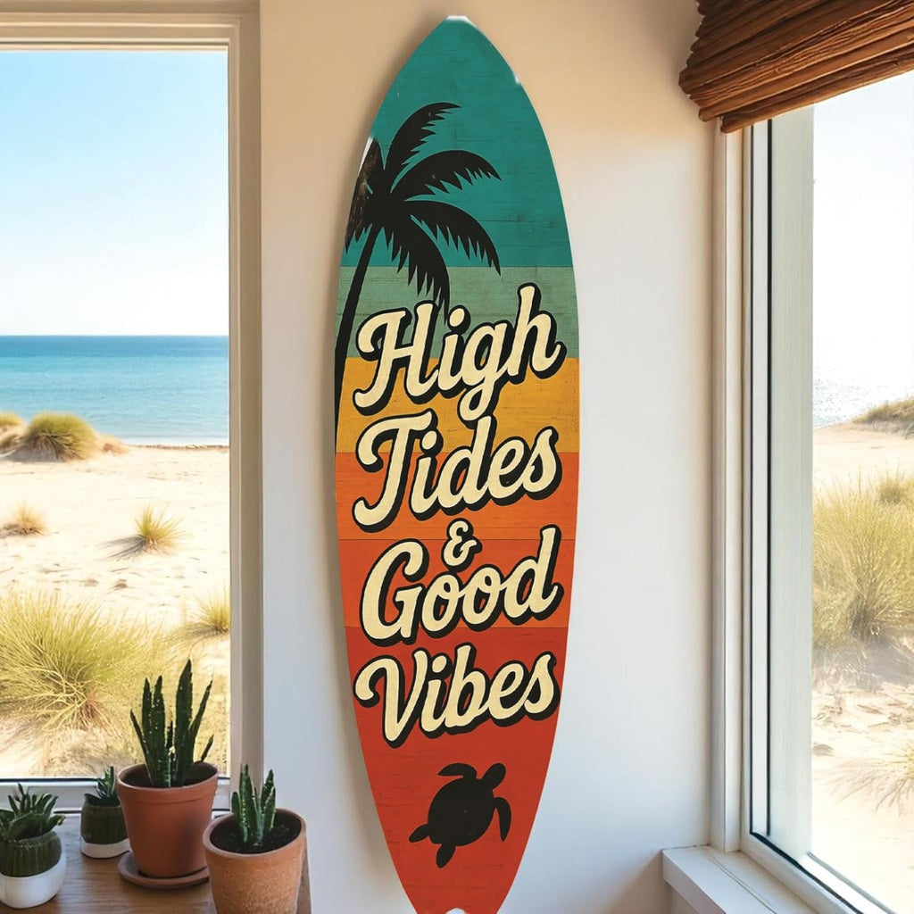 JennyGems High Tides Good Vibes Surfboard Sign Coastal Wall Decor with Sea Turtle, Palm Tree, Retro Beach House Art, Indoor Outdoor PVC, 5 Foot