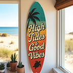 JennyGems High Tides Good Vibes Surfboard Sign Coastal Wall Decor with Sea Turtle, Palm Tree, Retro Beach House Art, Indoor Outdoor PVC, 5 Foot