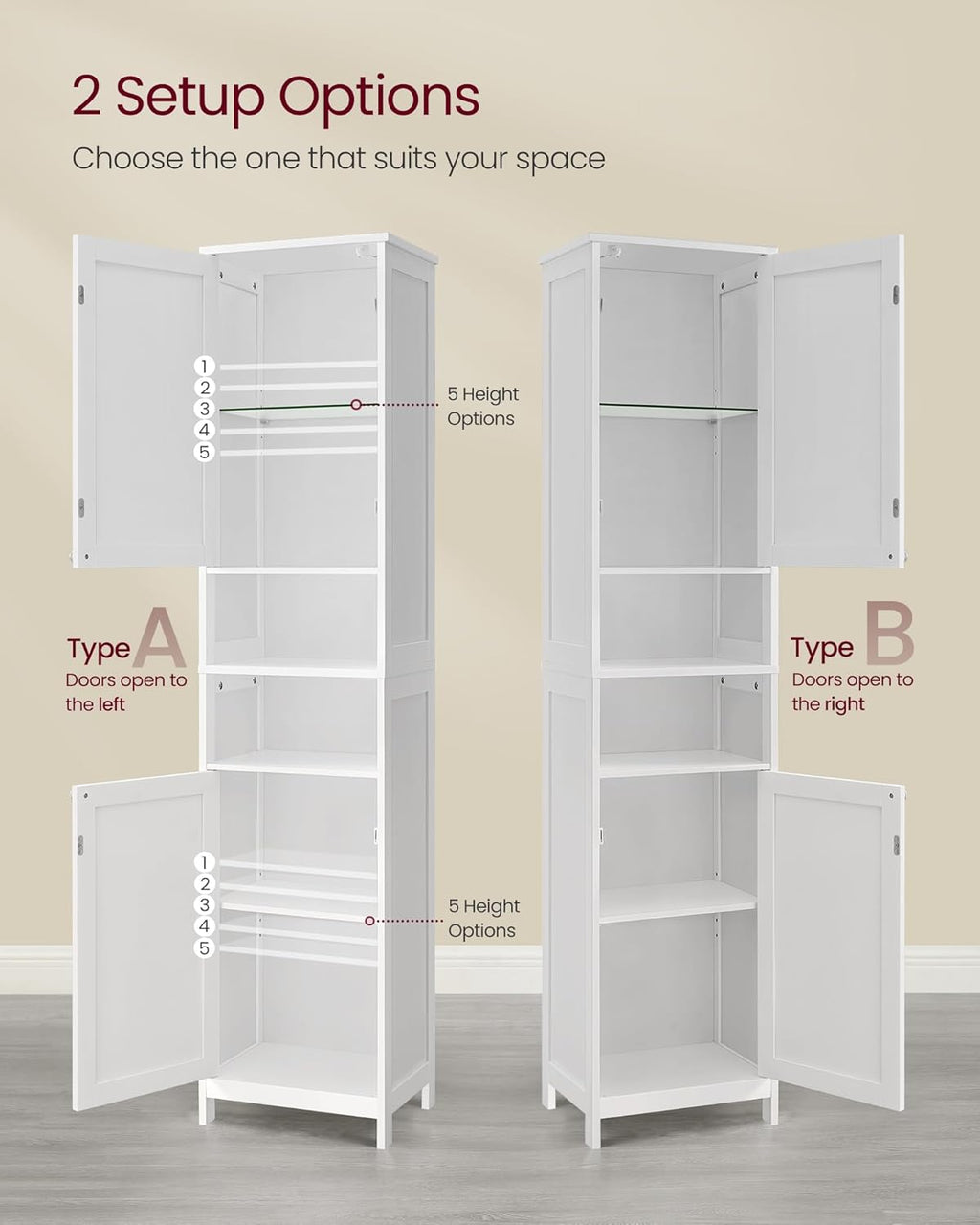 VASAGLE Tall Bathroom Cabinet with Lights, Slim Freestanding Bathroom Storage Cabinet with Adjustable Shelves, for Small Spaces, Modern, 15.7 Inches Wide, Cloud White UBBC766W02