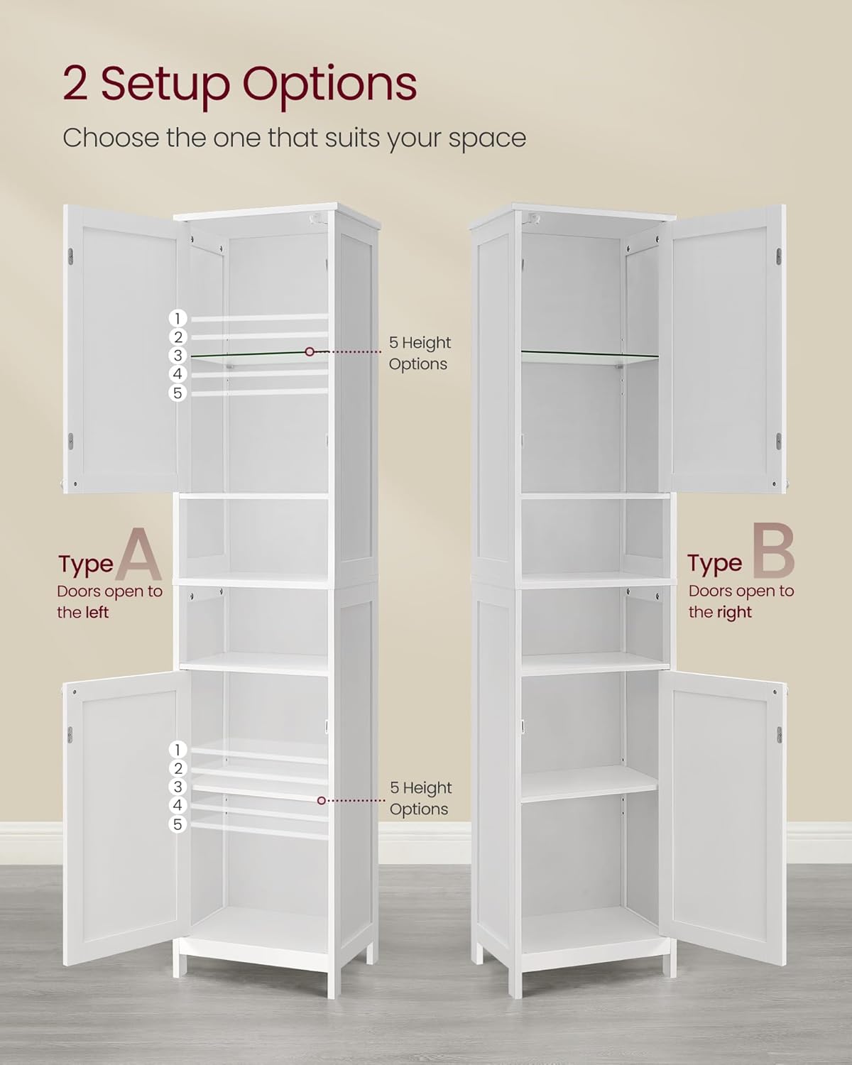 VASAGLE Tall Bathroom Cabinet with Lights, Slim Freestanding Bathroom Storage Cabinet with Adjustable Shelves, for Small Spaces, Modern, 15.7 Inches Wide, Cloud White UBBC766W02