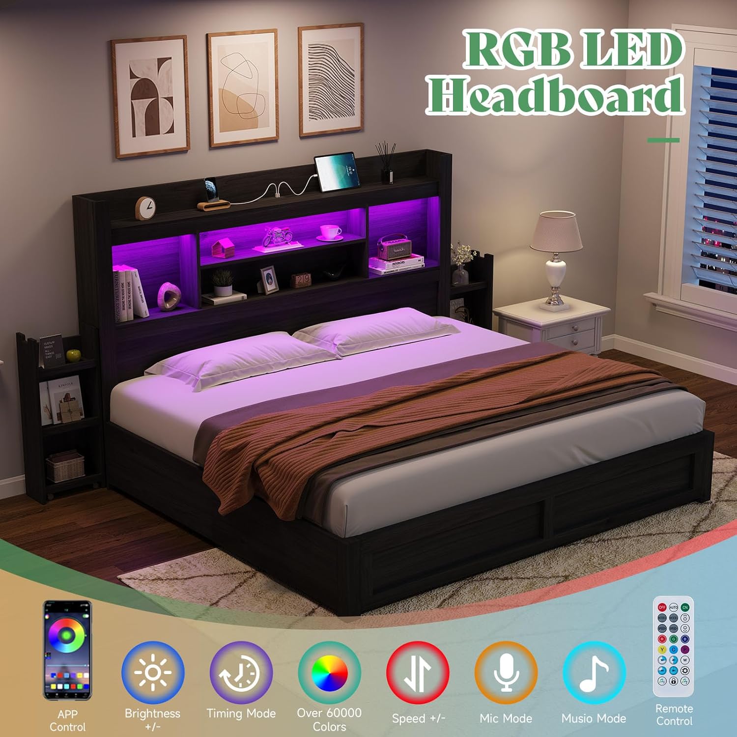 AMERLIFE King Size Bed Frame with 4 Storage Drawers, LED Bed Frame with 49.6" Tall Bookcase Headboard, Wood Platform Bed with Charging Station & 2 Slide Bedside Shelf, No Box Spring Needed/Black