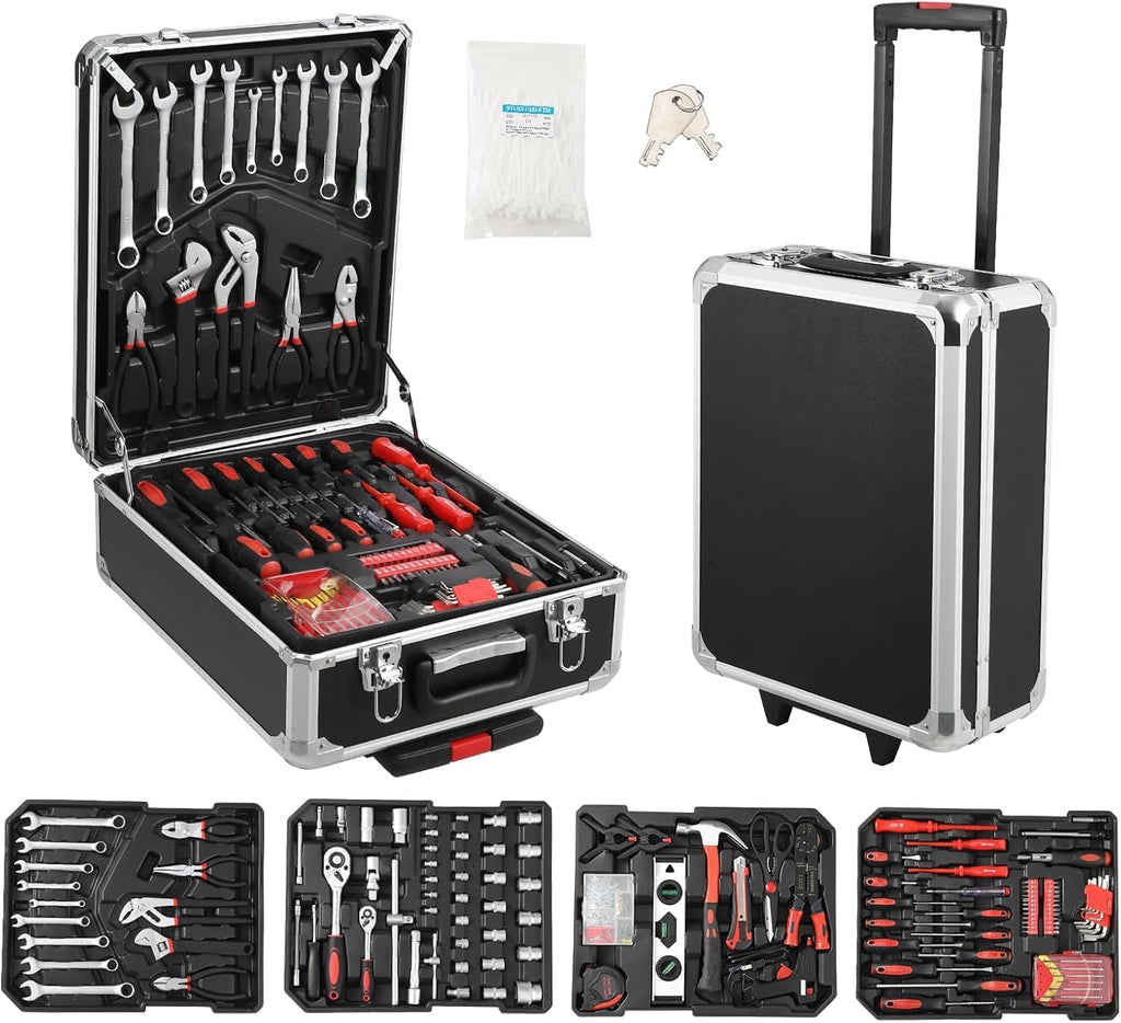 800 PCS Home Tool Set with Rolling Tool Box, Professional Mechanic Repair Kit, General Household Hand Tool Set with Aluminum Trolley Case for Homeowner, DIY