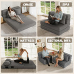 Folding Sofa Bed, Convertible Sleeper Chair & Couch Bed with Pillow, One-Piece High-Density Sponge Mattress, Multi-Purpose Floor Sofa for Living Room, Office, Dorm, Apartment, Grey, Single