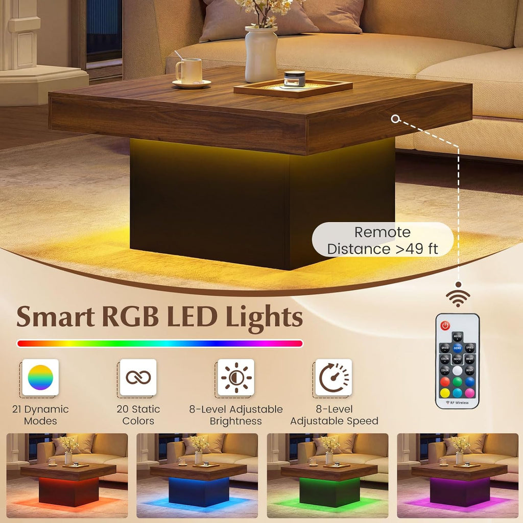 Giantex LED Coffee Table, Square Center Table with Remote, 21 Dynamic Modes, 20 Static Colors, Adjustable Brightness & Speed, Wood Low Cocktail Accent Table, Modern Living Room Table (Brown)