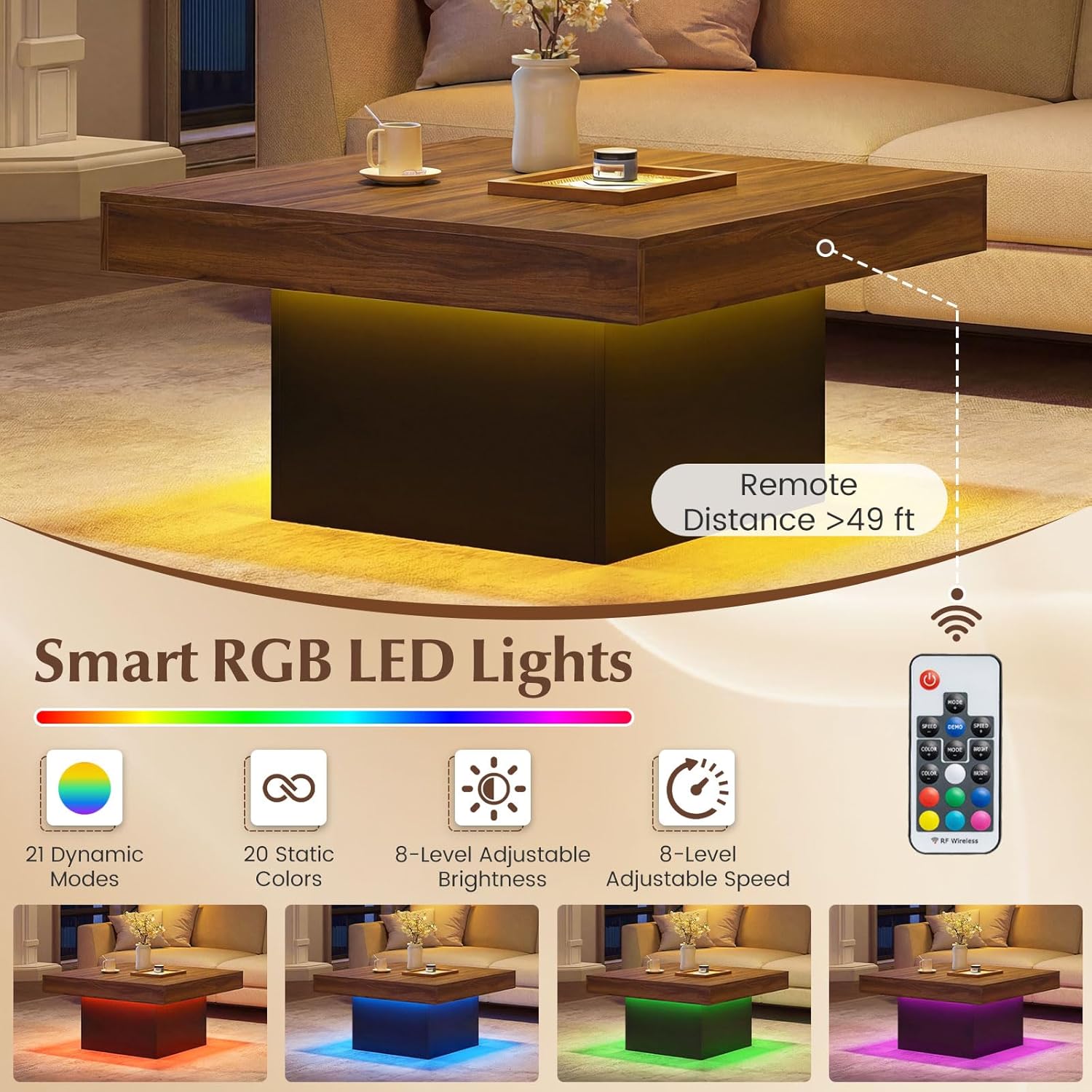Giantex LED Coffee Table, Square Center Table with Remote, 21 Dynamic Modes, 20 Static Colors, Adjustable Brightness & Speed, Wood Low Cocktail Accent Table, Modern Living Room Table (Brown)