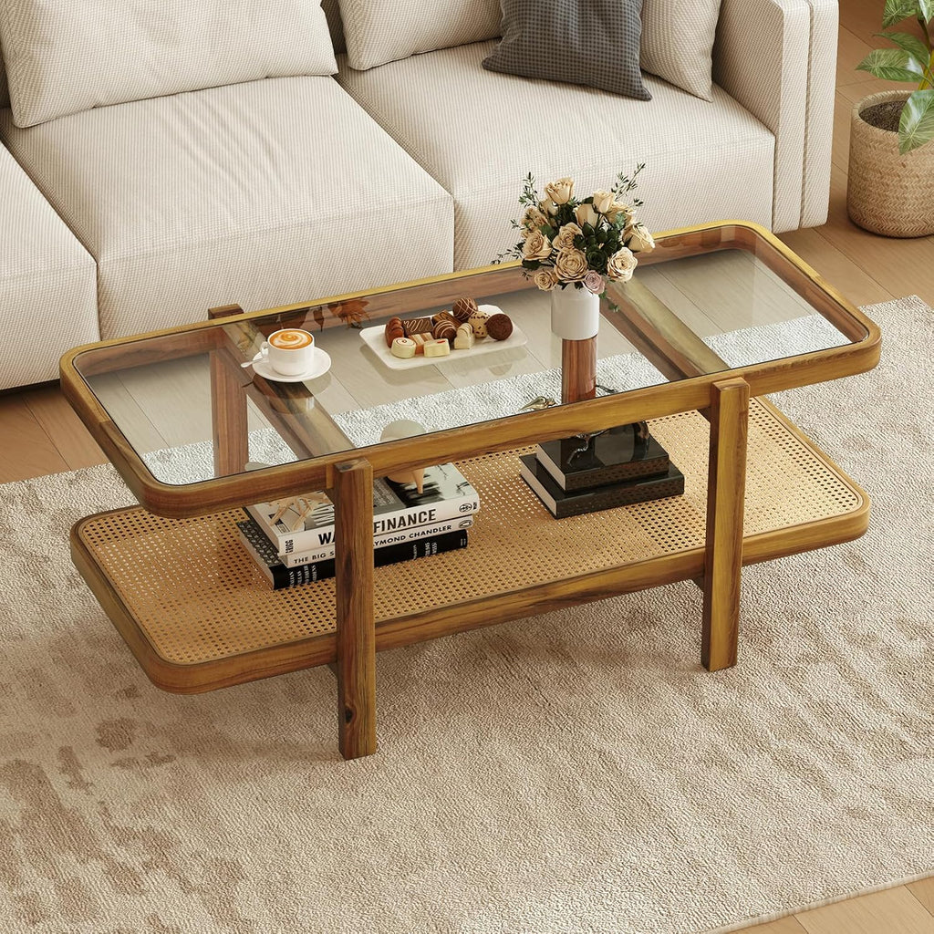 Giantex Rattan Coffee Table, 47.5" Rectangle Solid Wood Tea Table w/Tempered Glass Tabletop, Rattan Storage Shelf, 2-Tier Boho Coffee Tables, Farmhouse Center Table for Living Room (Oak)