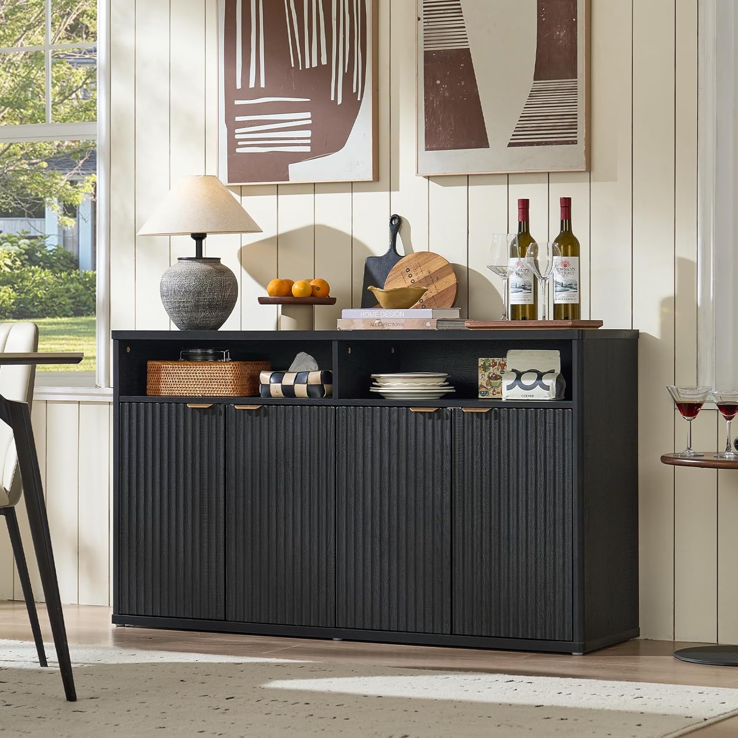 LEYAOYAO Fluted Buffet Cabinet with Storage, 55" Wide Wood Sideboard Credenza with 4 Doors & Open Storage Shelf, Modern Kitchen Console Accent Cabinets, Coffee Bar Table for Dining Room, Black Oak