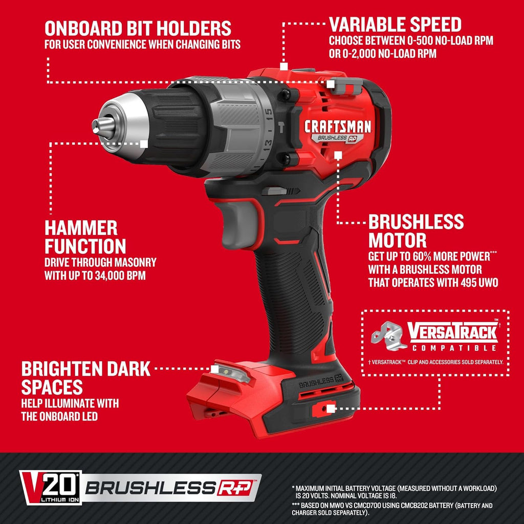 CRAFTSMAN V20 1/2 Inch Cordless Hammer Drill, Bare Tool Only (CMCD726B)