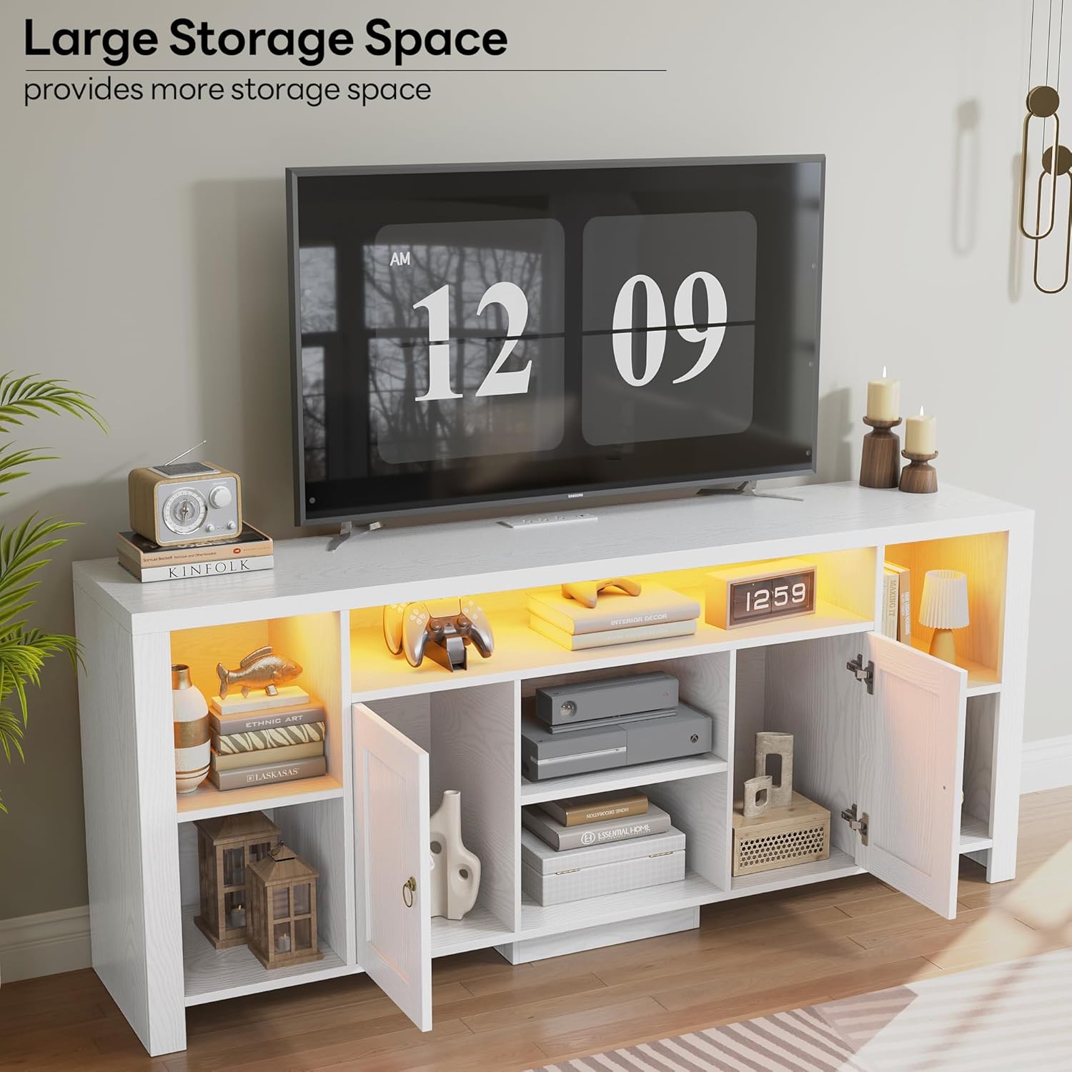 LIKIMIO TV Stand for TVs 80 inch with LED Lights & Power Outlet, Entertainment Center with Cabinets, Adjustable Shelves and Open Shelves, Modern Media TV Console Living Room, White