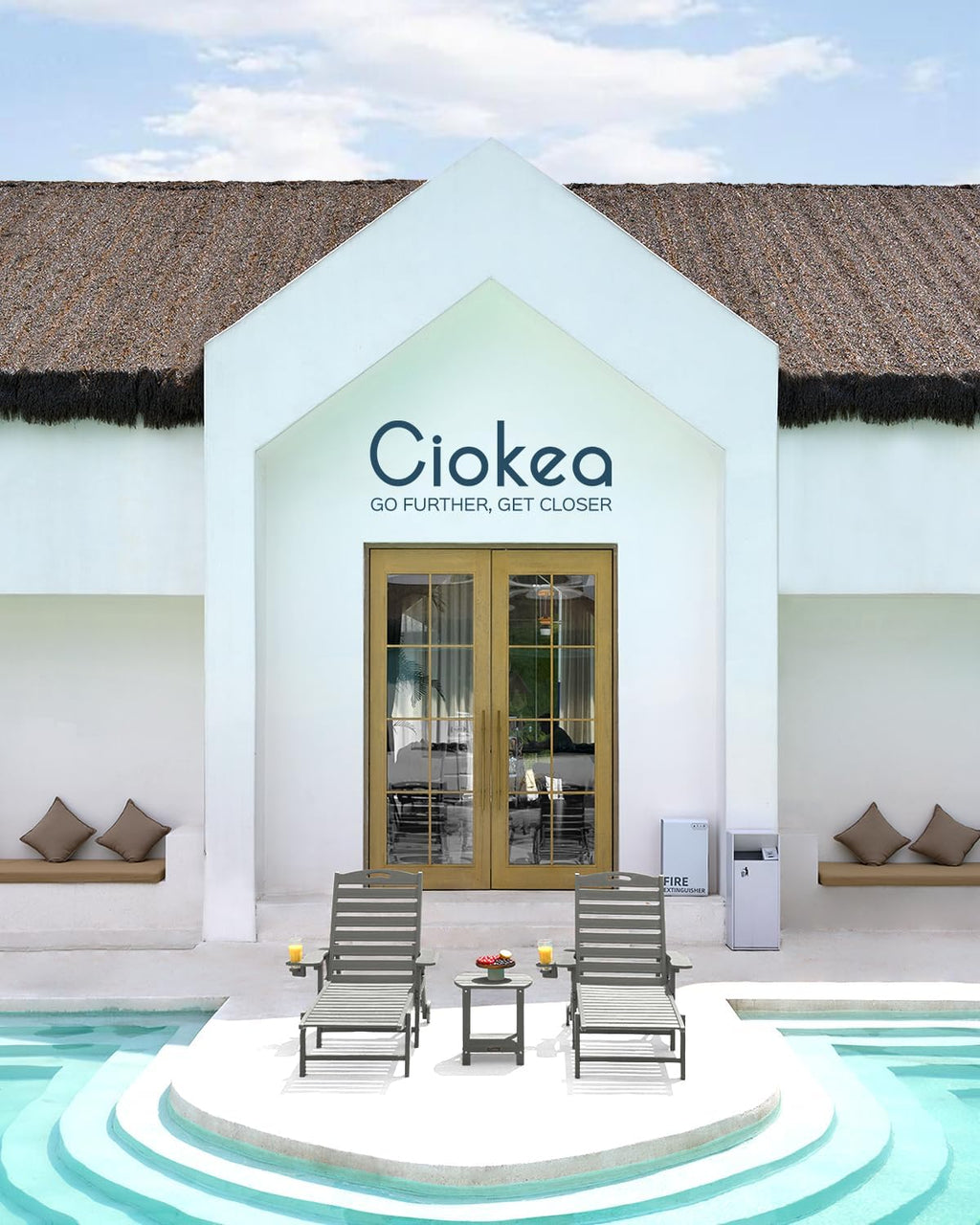 Ciokea Lounge Chair Outdoor  Oversized Chaise Lounge Chair with 5 Positions  HDPE  Patio Lounge Chair with Wheels & Cup Holder for Pool  Deck  Poolside  Grey
