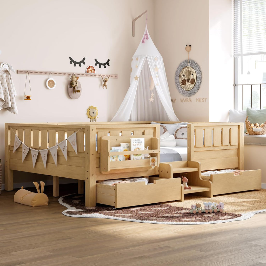 Bellemave Full Size Bed with Slats and Stairs, Full Size Platform Bed Frame with Fence, Bookshelf and Storage Drawers, Easy Assemble Beds for Girls, Boys, Light Natural