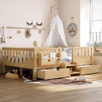 Bellemave Full Size Bed with Slats and Stairs, Full Size Platform Bed Frame with Fence, Bookshelf and Storage Drawers, Easy Assemble Beds for Girls, Boys, Light Natural