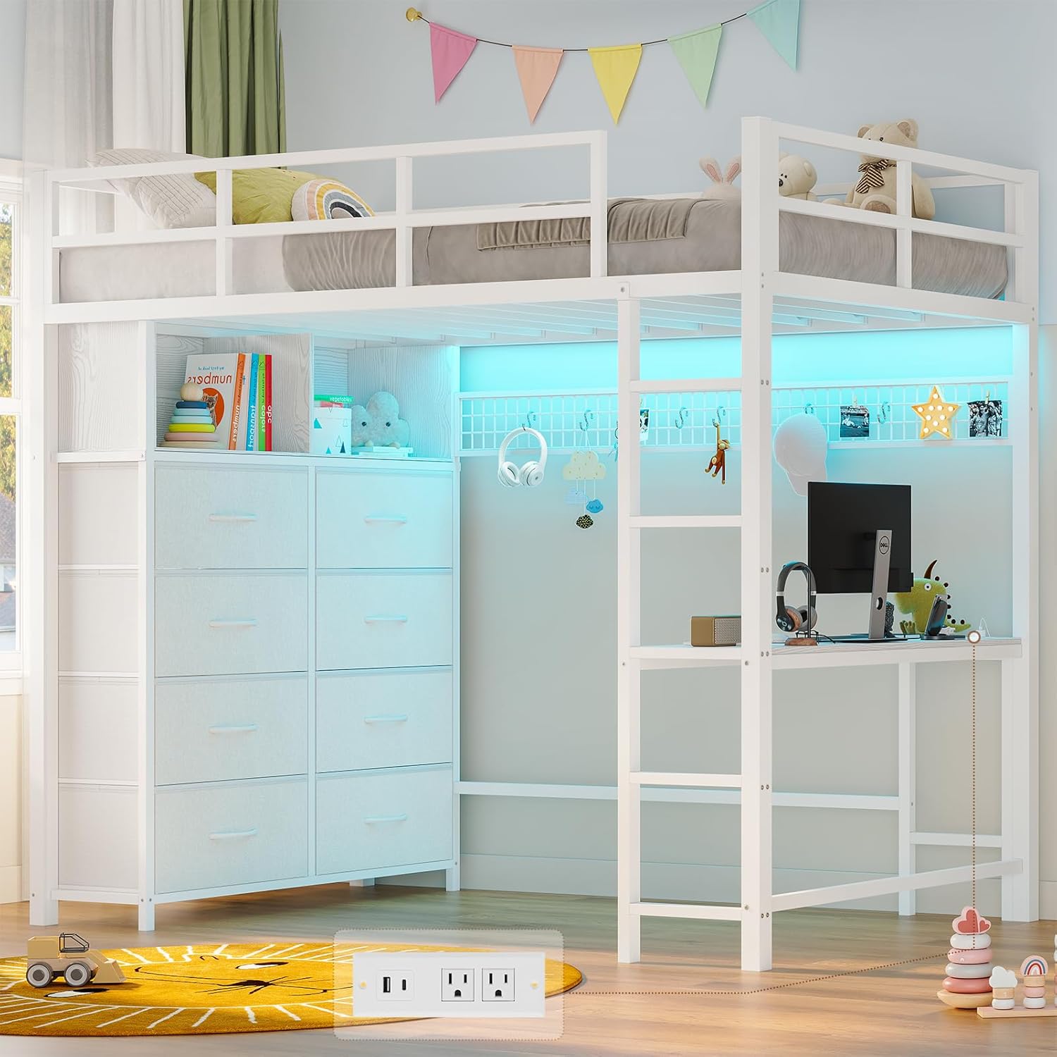 ADORNEVE Twin Size Loft Bed with Desk and 8 Storage Drawers, Metal Kids Loft Bed Twin with LED Lights & Charging Sation, Storage Shelves, 13.1" H Safety Guard & Ladder, No Box Spring Needed, White