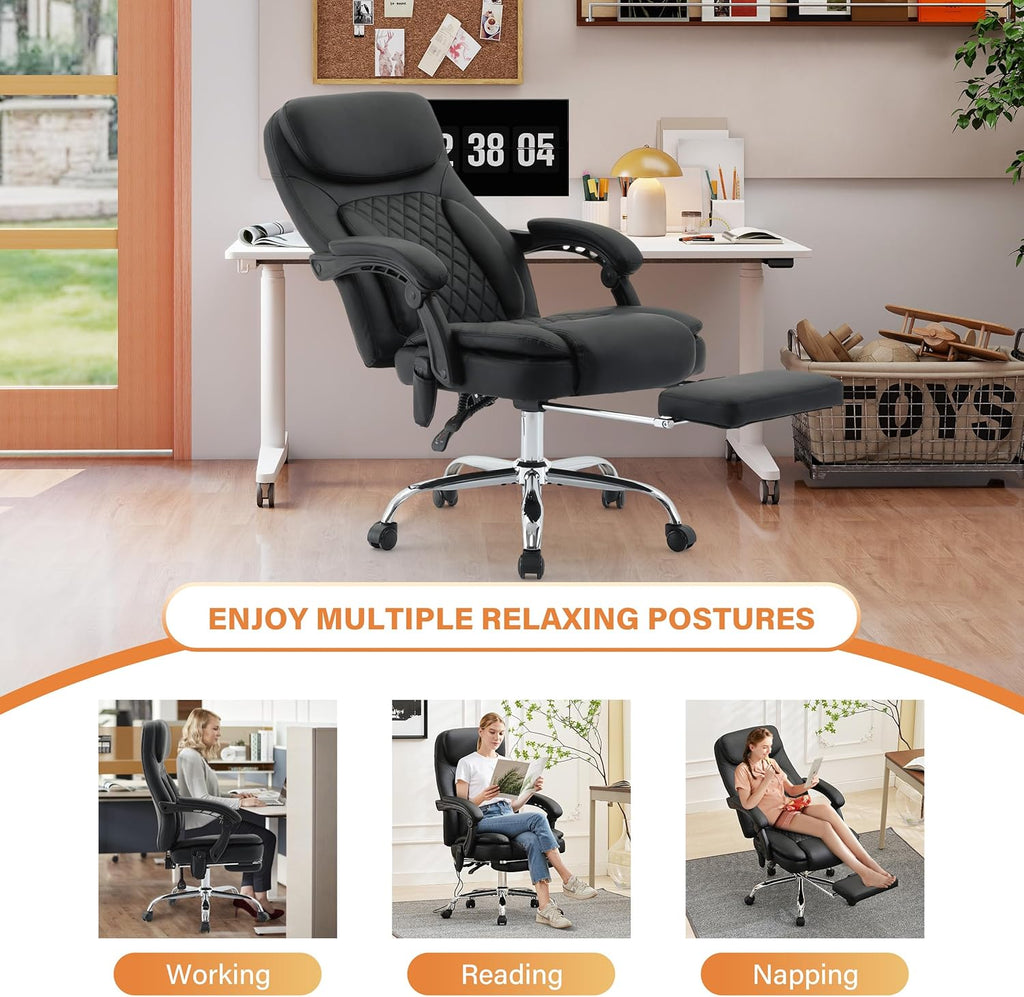 500LBS Massage Office Chair, 6 Points Vibration & Heat Executive Office Chairs, 135°Reclining Comfy Desk Chair with Foot Rest, Wider & Thicker Seat Cushion, PU Leather Big and Tall Gaming Chair, Black