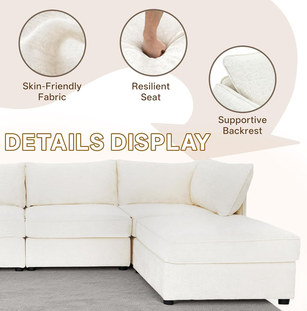 125" Chenille Modular Sectional Sofa Bed Hidden Storage, Convertible L U Shaped Sleeper Couch, 8 Seat Modern Modular Sectional Sofa with Removable Covers & Ottoman Chaise, for Living Room, Beige