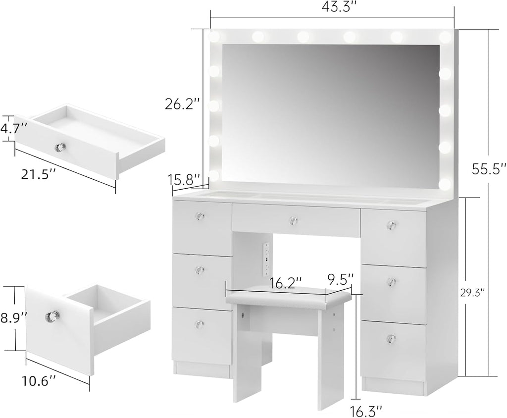 VOWNER Vanity with Lighted Mirror - Makeup Vanity Desk with Glass Top, 7 Drawers and Power Outlet, 3 Color Lighting Modes Adjustable Brightness, 44" Vanity Table with Stool for Women Girls, White