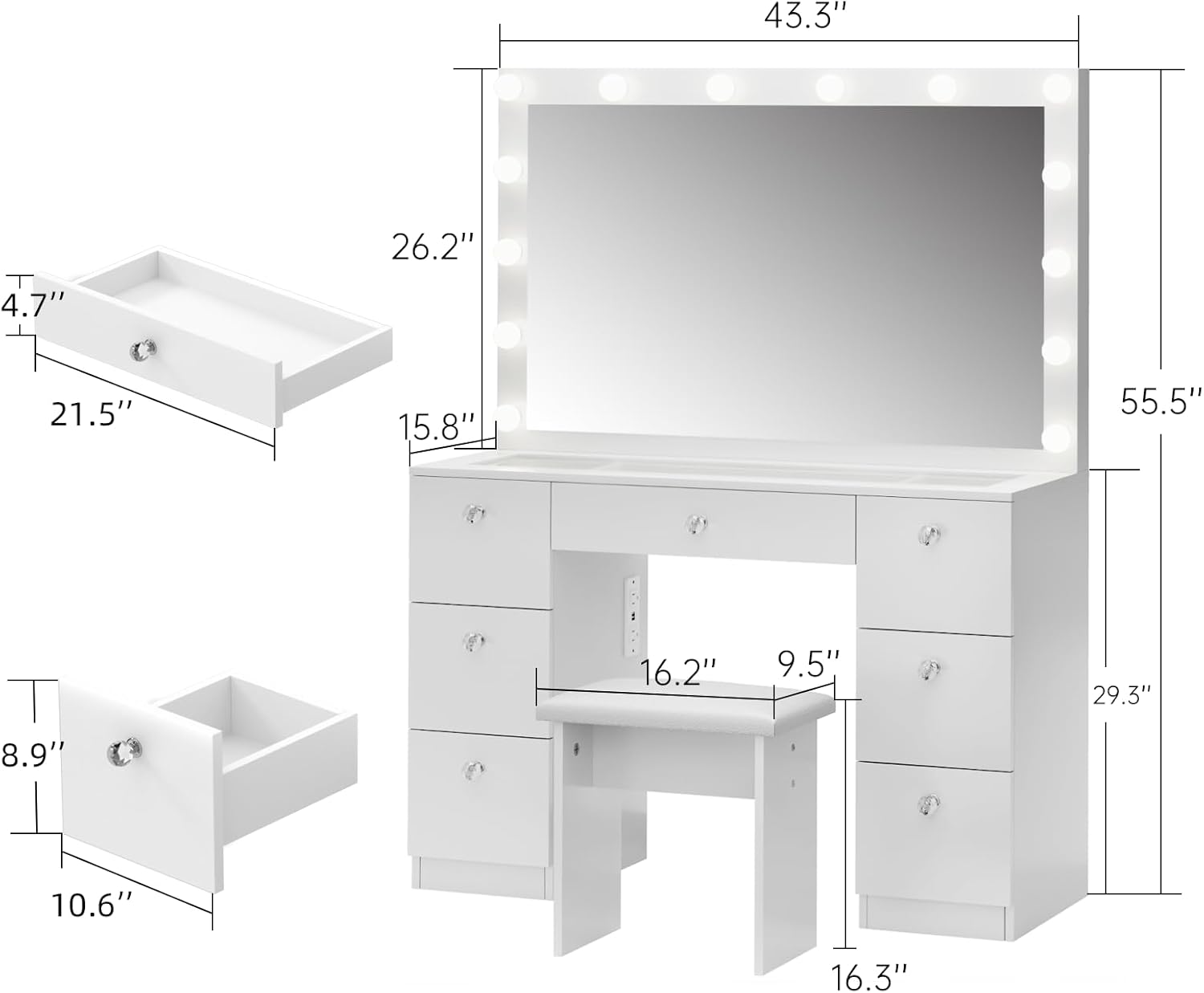 VOWNER Vanity with Lighted Mirror - Makeup Vanity Desk with Glass Top, 7 Drawers and Power Outlet, 3 Color Lighting Modes Adjustable Brightness, 44" Vanity Table with Stool for Women Girls, White