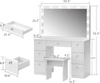 VOWNER Vanity with Lighted Mirror - Makeup Vanity Desk with Glass Top, 7 Drawers and Power Outlet, 3 Color Lighting Modes Adjustable Brightness, 44" Vanity Table with Stool for Women Girls, White